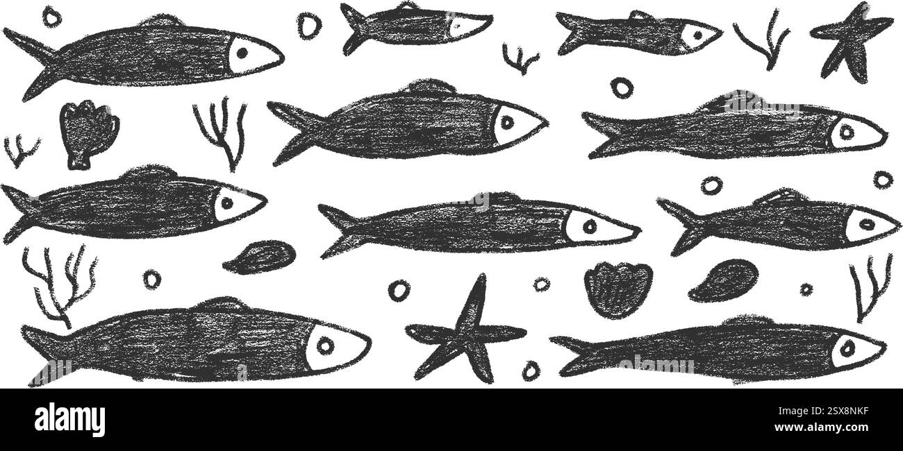 Jeu de doodle de poissons. Sardines dessinées à la main griffonnage École de poissons dans la mer. Illustration nautique monochrome vectorielle par crayon isolé sur fond blanc Illustration de Vecteur