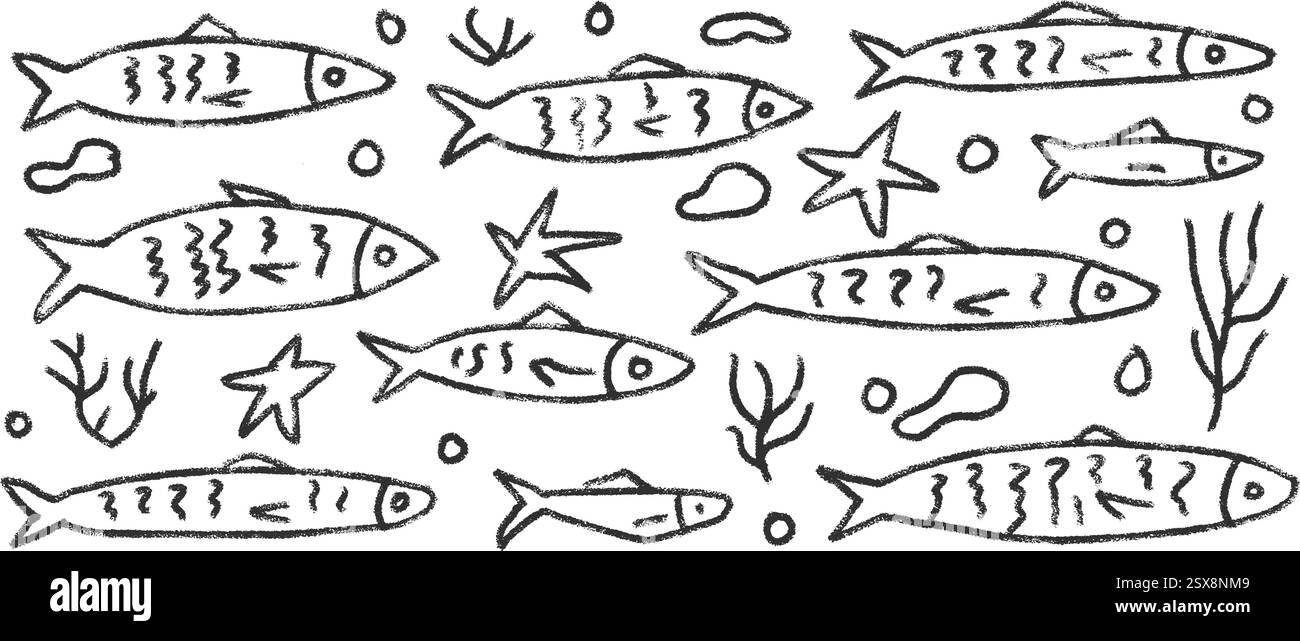 Jeu de griffonnages de ligne de poissons. Sardines dessinées à la main griffonnage École de poissons dans la mer. Illustration nautique monochrome vectorielle par crayon isolé sur BA blanc Illustration de Vecteur
