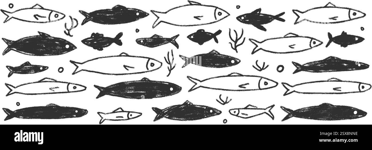 Jeu de doodle de poissons. Sardines dessinées à la main griffonnage École de poissons dans la mer. Illustration nautique monochrome vectorielle par crayon isolé sur fond blanc Illustration de Vecteur