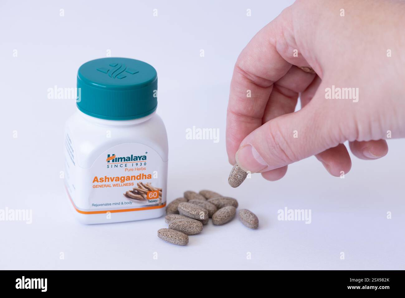 Ashwagandha capsules dosage, pilules tenant la main et pot de vitamine, corps médical et soutien de l'esprit. Himalaya Ashvagandha Supplément bien-être général. Goa Banque D'Images