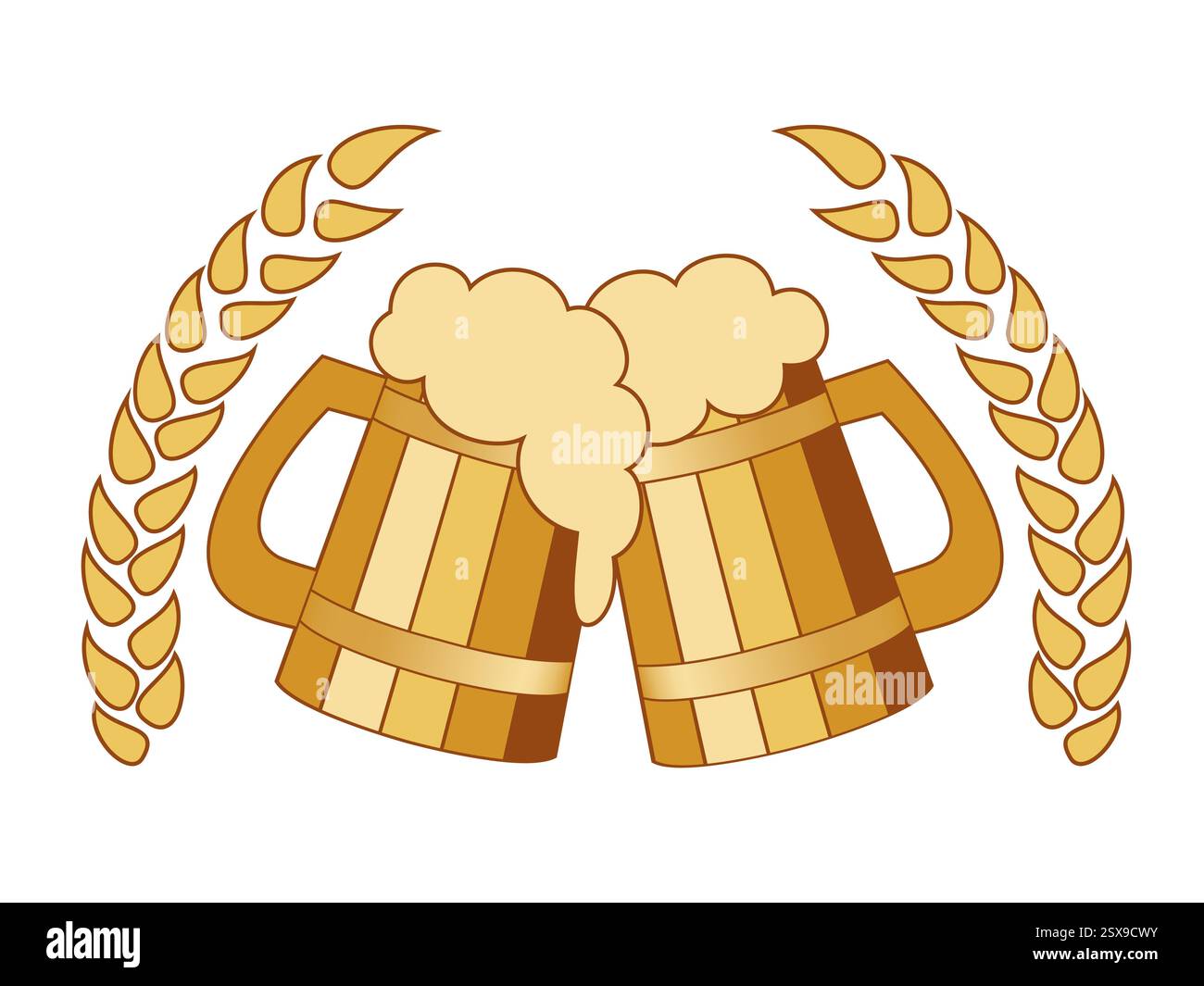 Deux tasses à bière en bois toaster, avec mousse de bière Illustration de Vecteur