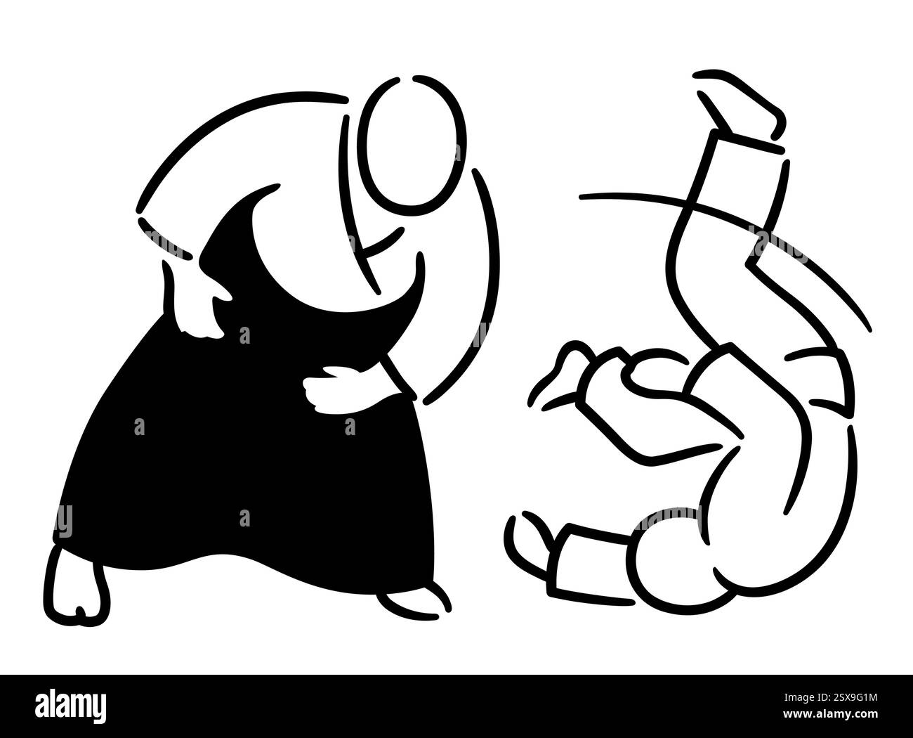 Aikido lancer et rouler (ukemi) dessin minimal noir et blanc. Simple doodle de martial japonais Illustration vectorielle. Illustration de Vecteur