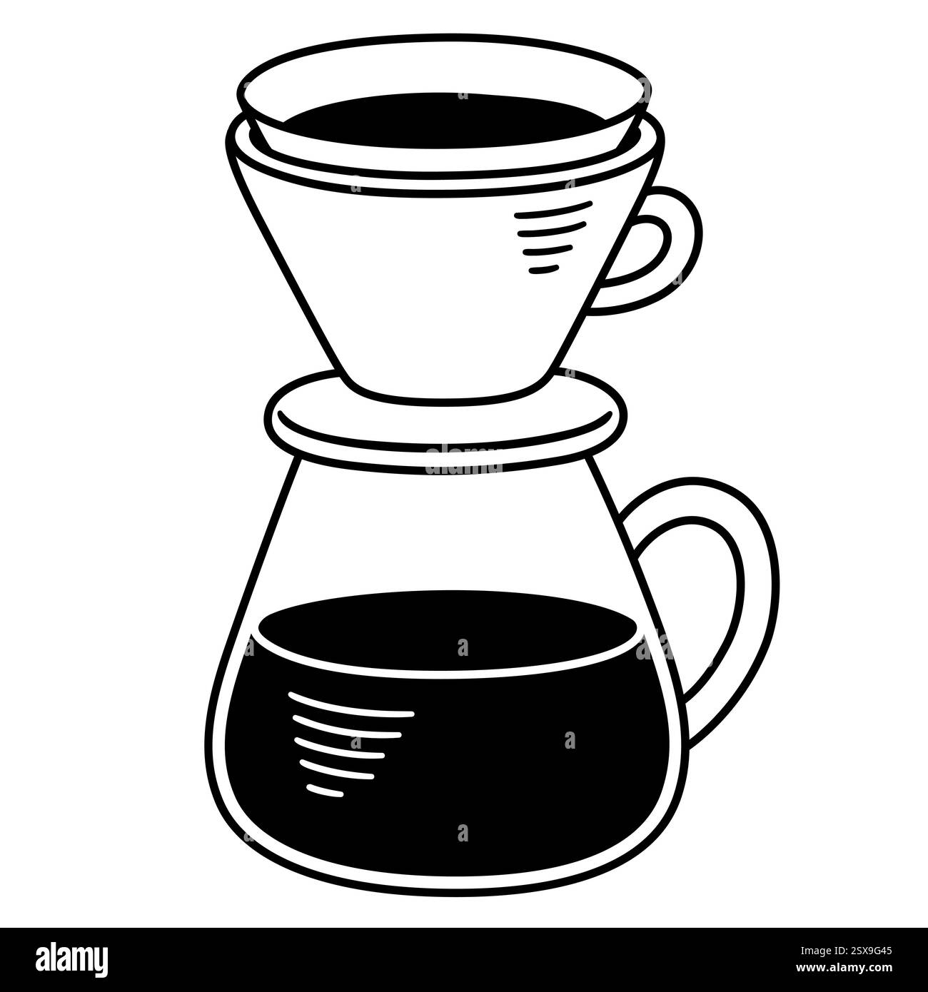 Procédé de préparation de café goutte à goutte. Doodle noir et blanc. Illustration vectorielle de dessin animé dessinée à la main simple. Illustration de Vecteur