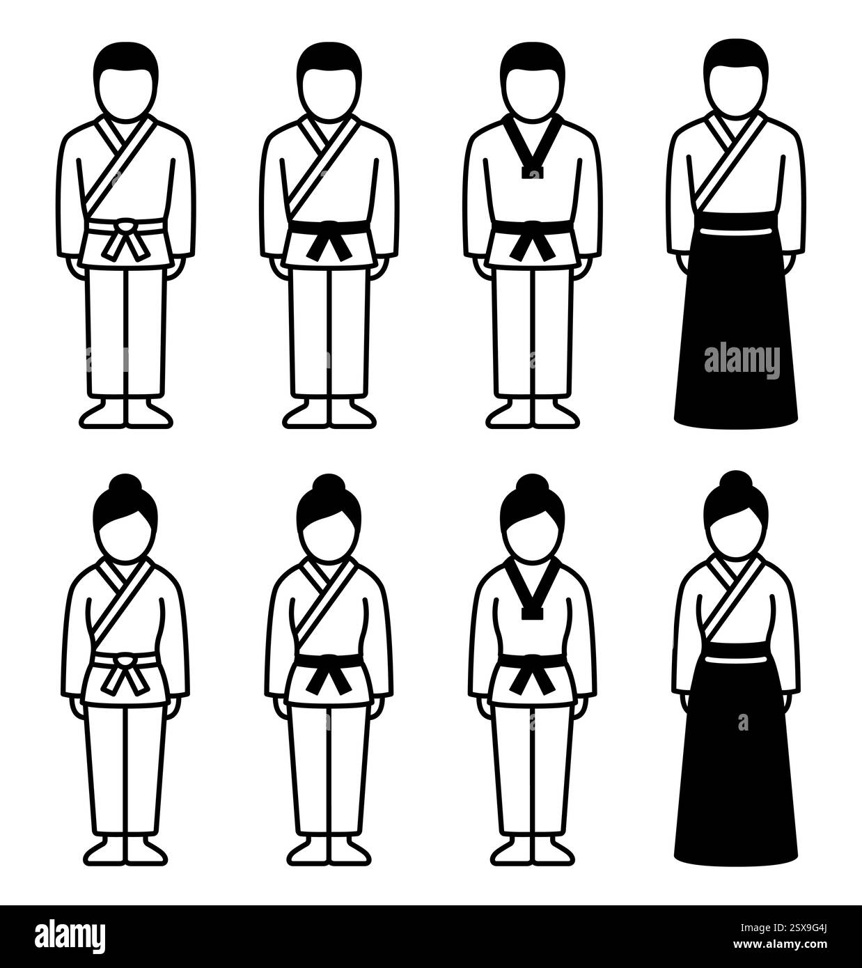Icône des arts martiaux masculins et féminins. Karaté, Taekwondo, Judo, Aikido GI. Icône de ligne simple homme et femme, illustration vectorielle noir et blanc. Illustration de Vecteur