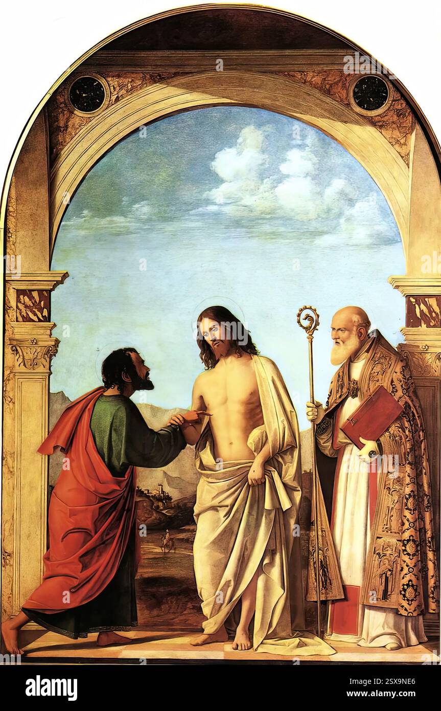 CIMA da Conegliano (b. CA. 1459, Conegliano, d. 1517/18, Conegliano) L'incrédulité de Thomas avec Magno Vescovo c. 1505 Tempera et huile sur panneau, 215 x 151 cm Gallerie dell'Accademia, Venise même après que Giorgione eut introduit sa réforme tonale révolutionnaire, Giambattista Cima continua avec ses propres lignes d'expression - ses figures statutaires dans leur fermeté et ses couleurs richement limpides. Ce sont les qualités que l'on retrouve dans ses œuvres qui datent de la première décennie du XVIe siècle, des œuvres comme 'The incredulity of obtient Thomas and procurent Magno Vescovo' par exemple, wh Banque D'Images
