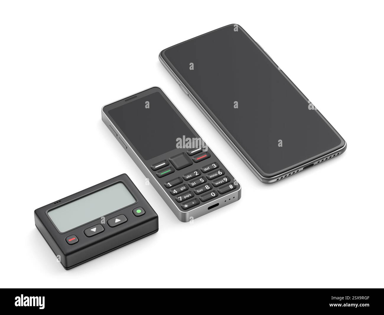 Téléavertisseur, téléphone fonctionnel et smartphone sur fond blanc Banque D'Images