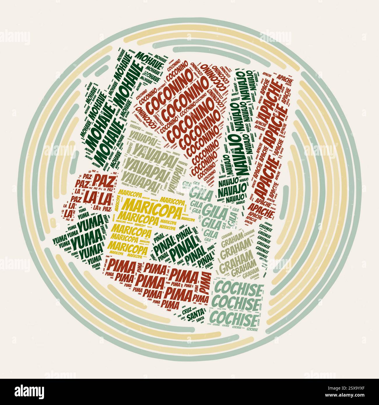 Affiche ronde Arizona. Image de style typographique de State. Comtés nuages de mots de l'Arizona. Design d'image vintage avec texture de grattage. Illustration de Vecteur