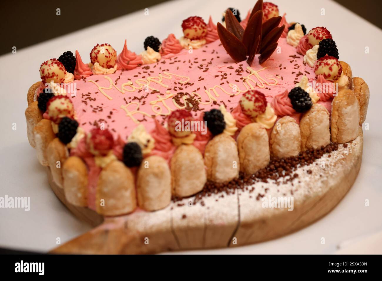 Un gâteau de retraite heureux photographié lors d'une fête de retraite à Brighton, East Sussex, Royaume-Uni. Banque D'Images