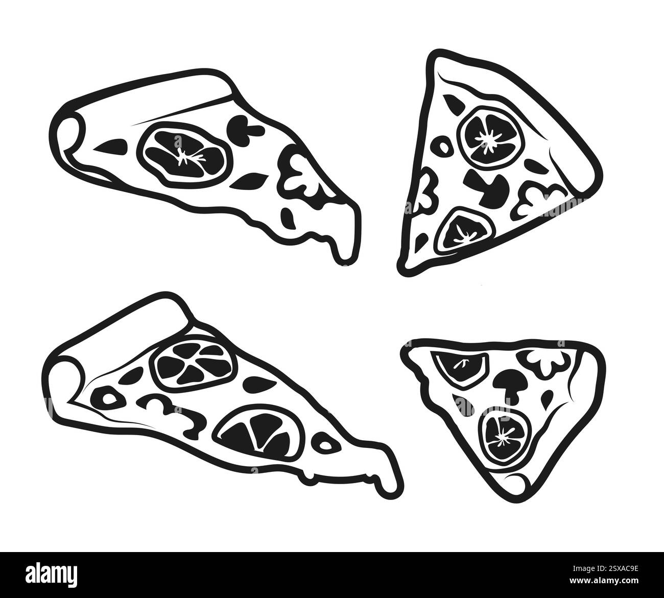 Line pizza. Cuisine traditionnelle italienne, logo et emblème, élément de contour. Ingrédient différent. Logotype pour café ou restaurant. Tomate et champignon. Produit culinaire, illustration isolée vectorielle Illustration de Vecteur