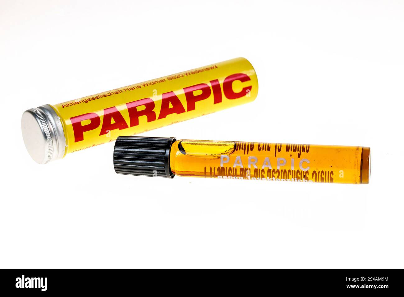 Tube de liquide de soins de la peau Parapic After Bite et tube protecteur dans l'ancienne présentation Banque D'Images