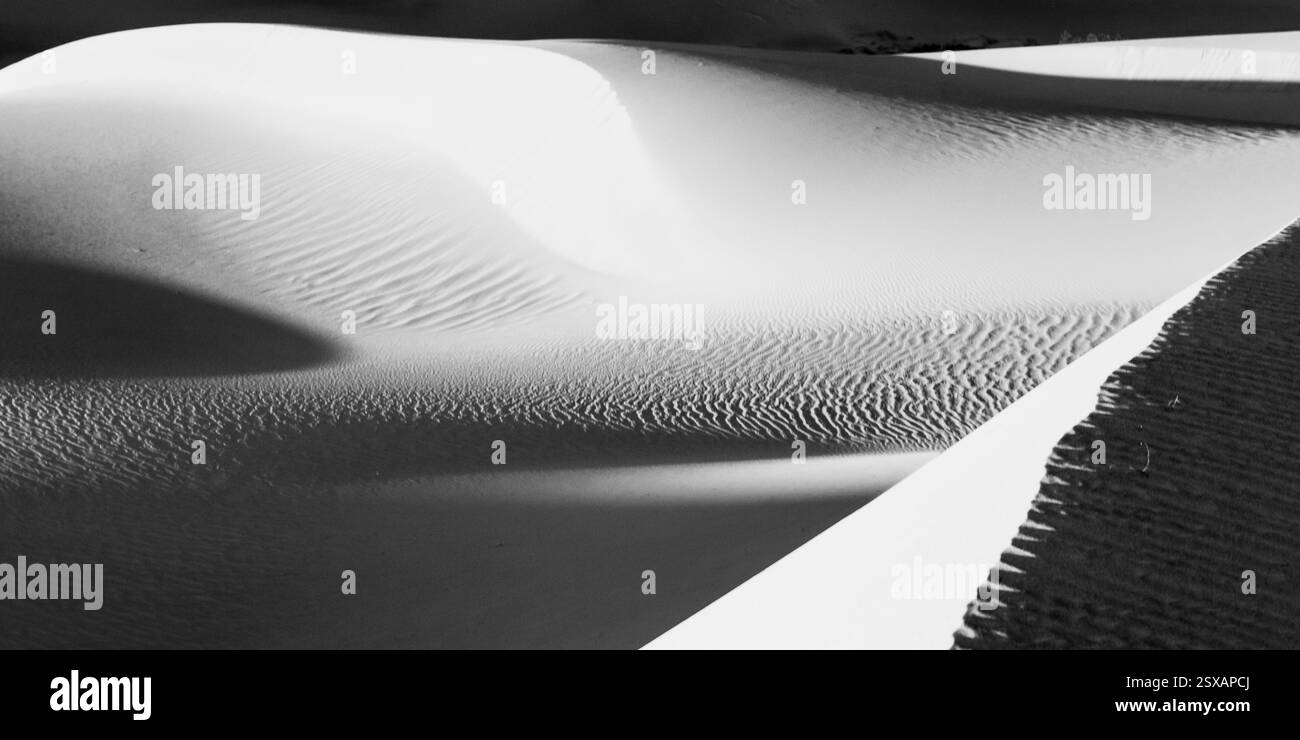Photo en noir et blanc d'une plage de sable avec un motif de vagues. Le sable est blanc et l'eau sombre Banque D'Images