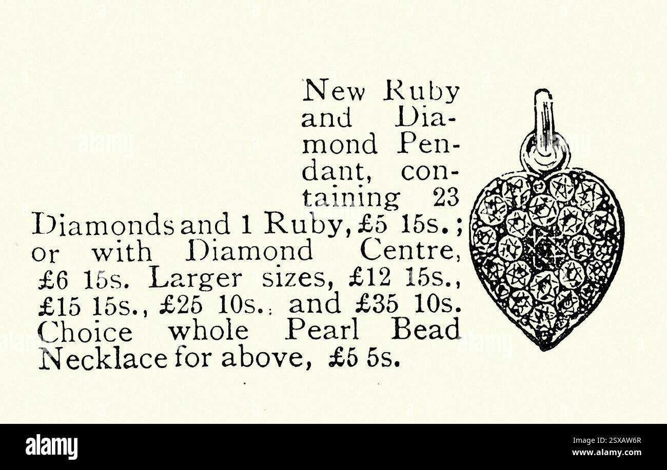 Pendentif coeur, histoire victorienne des bijoux, illustration vintage, années 1890, 19ème siècle Banque D'Images