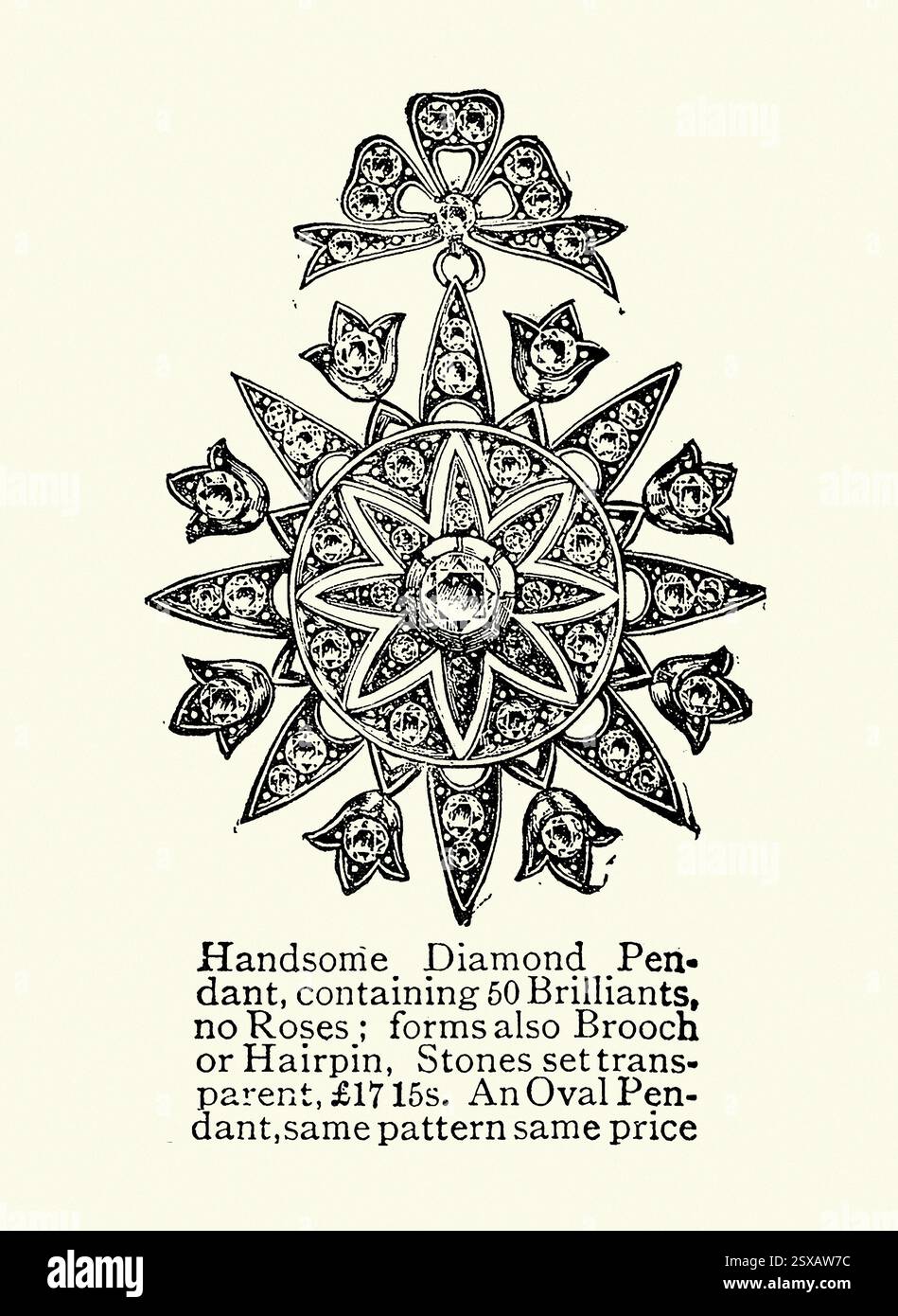 Pendentif diamant, broche ou épingle à cheveux, histoire victorienne des bijoux, illustration vintage, années 1890, XIXe siècle Banque D'Images