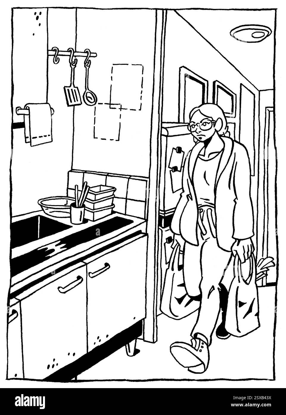 Jeune étudiante avec des tresses entrant dans son appartement portant des sacs d'épicerie dans chaque main, prête à se détendre après une journée chargée d'études et de shopping. Banque D'Images