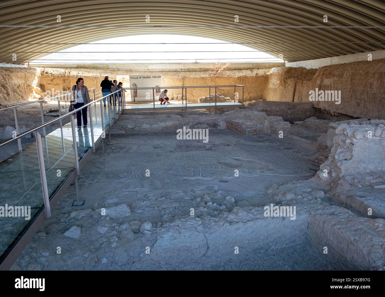 Le sol en mosaïque de triclinium dans la Villa Romana Salar, province de Grenade, Andalousie, Espagne. Banque D'Images