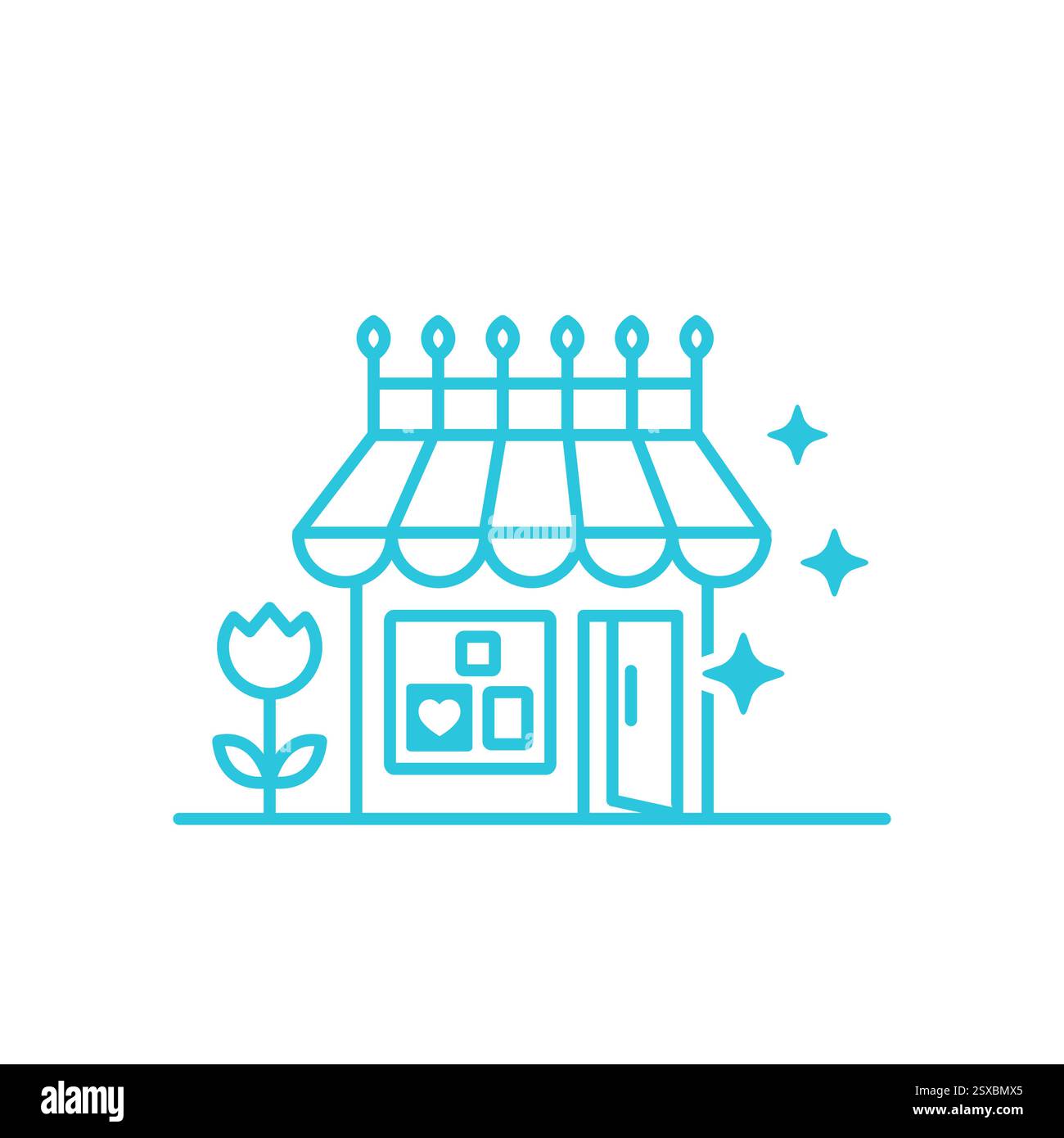 Un magasin avec âme, Sparkling Little Shop, isolé sur blanc, ensemble d'icônes bleues. Illustration de Vecteur