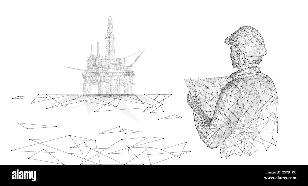 Ingénieur et plate-forme pétrolière. Plate-forme flottante abstraite 3D. Illustration de Vecteur