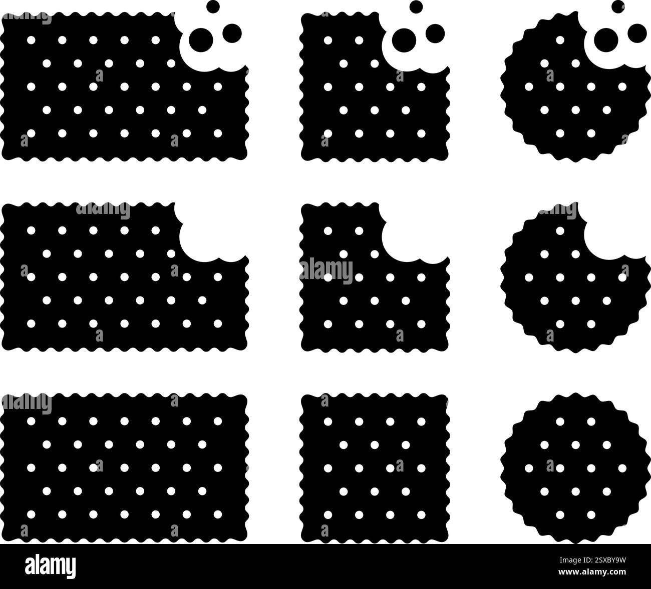 Ensemble de craquelins mordus avec des miettes. Biscuits sucrés ou salés de forme ronde, carrée et rectangulaire. Silhouettes croquantes de collations isolées sur fond blanc. Illustration graphique vectorielle. Illustration de Vecteur