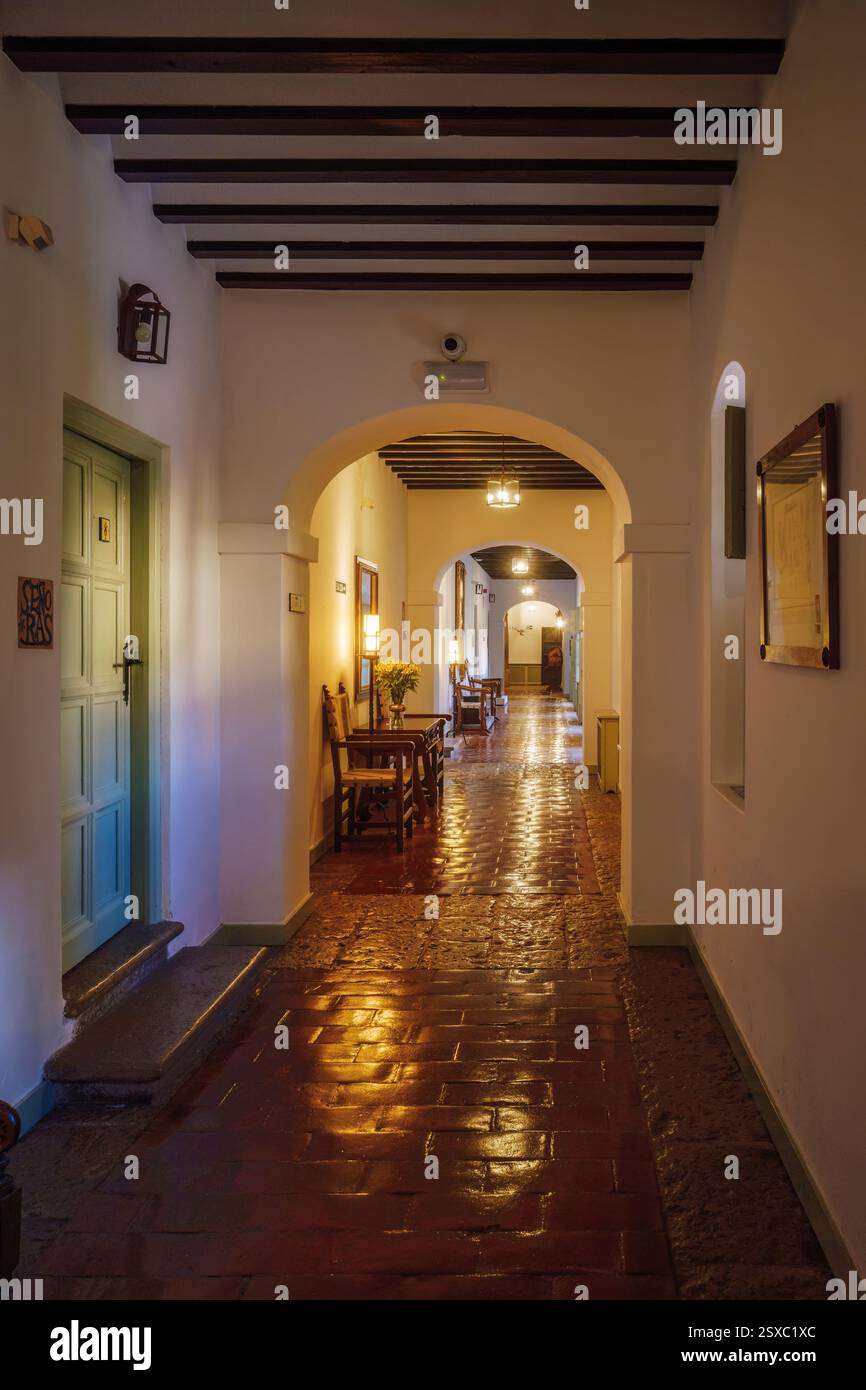Couloir classique avec carrelage antique rouge et plafond de poutres en bois dans le Parador de Turismo dans la ville d'Almagro, province de Ciudad Real, Espagne, UE Banque D'Images