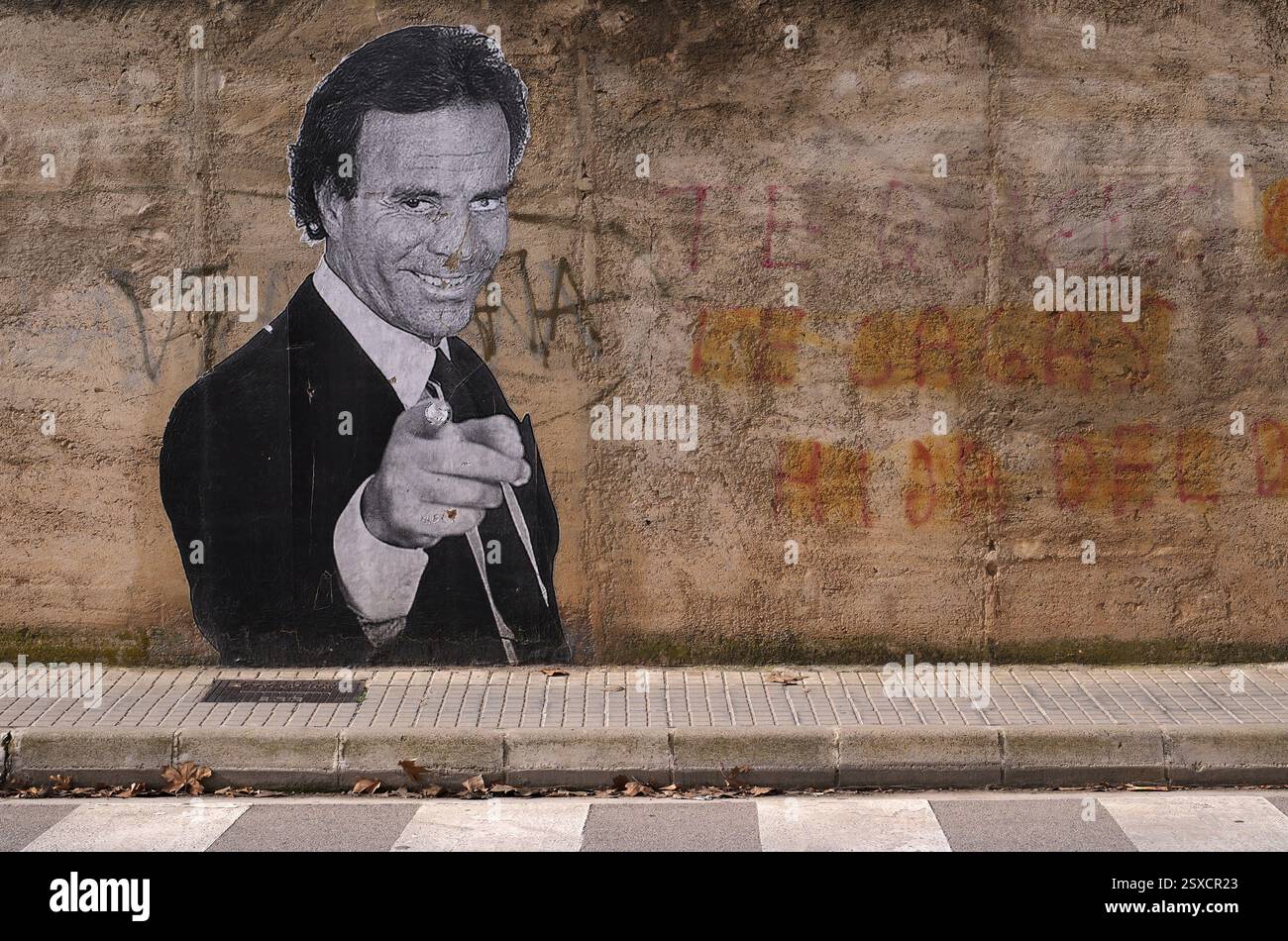 Graffiti, photo, murale, peinture de Julio Iglesias de la Cueva sur un mur de pierre, invité vedette fréquent au restaurant voisin Moli des Torrent, Santa Banque D'Images
