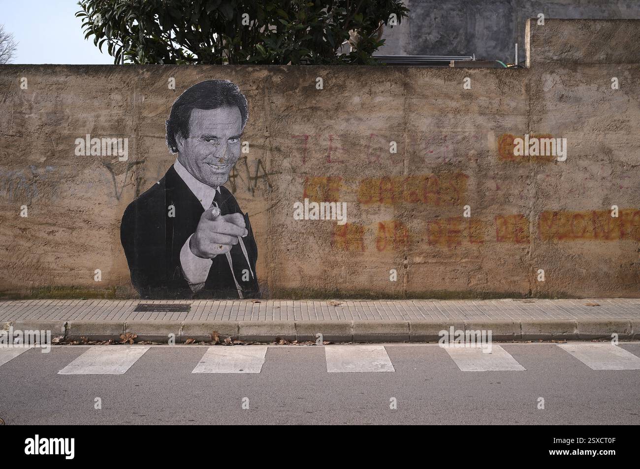 Graffiti, photo, murale, peinture de Julio Iglesias de la Cueva sur un mur de pierre, invité vedette fréquent au restaurant voisin Moli des Torrent, Santa Banque D'Images