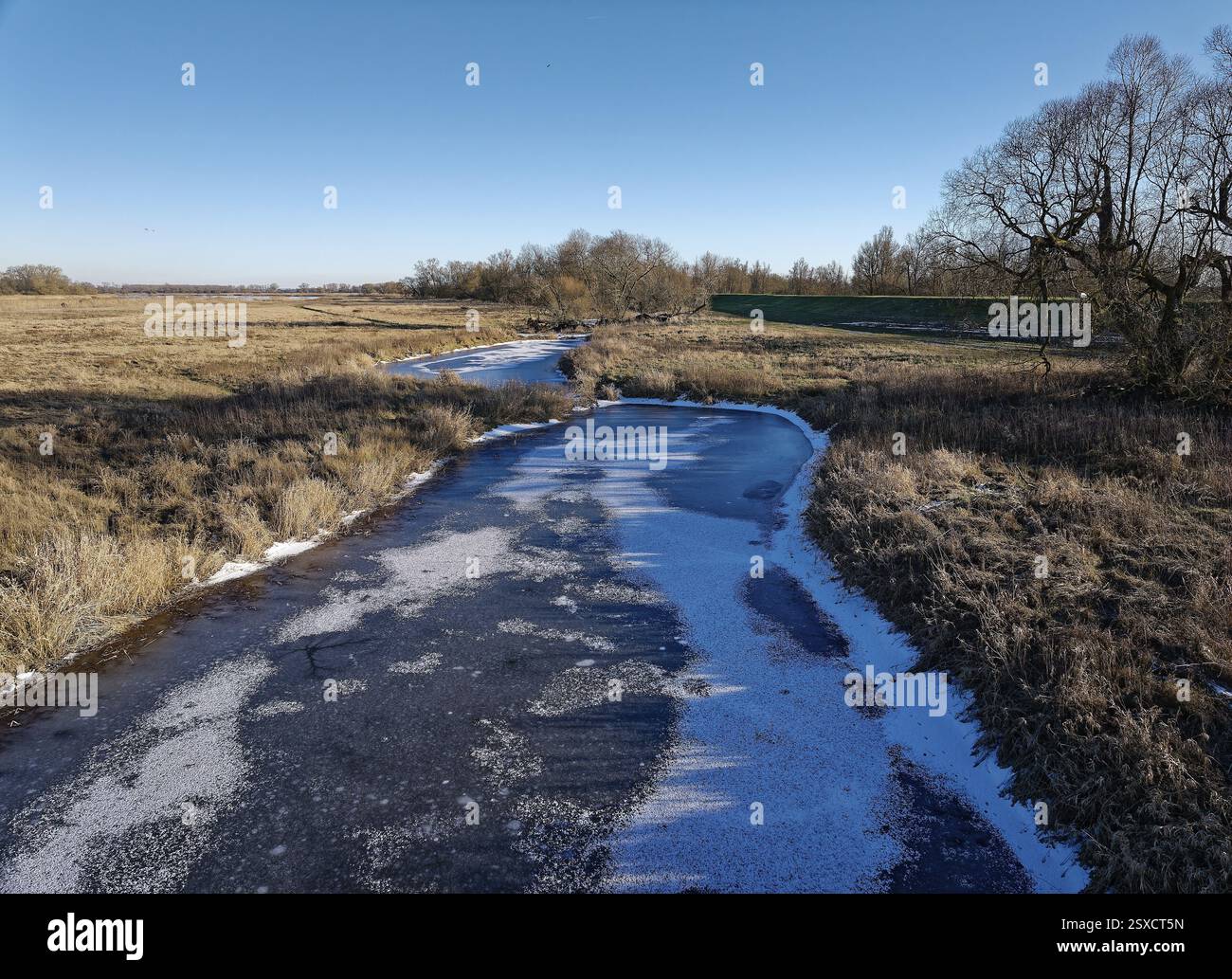 Fossé de drainage glacial un jour d'hiver dans les plaines inondables de la vallée de l'Elbe près de Neu Goldbeck. Seehausen, Altmark, Saxe-Anhalt, Allemagne, Europe Banque D'Images