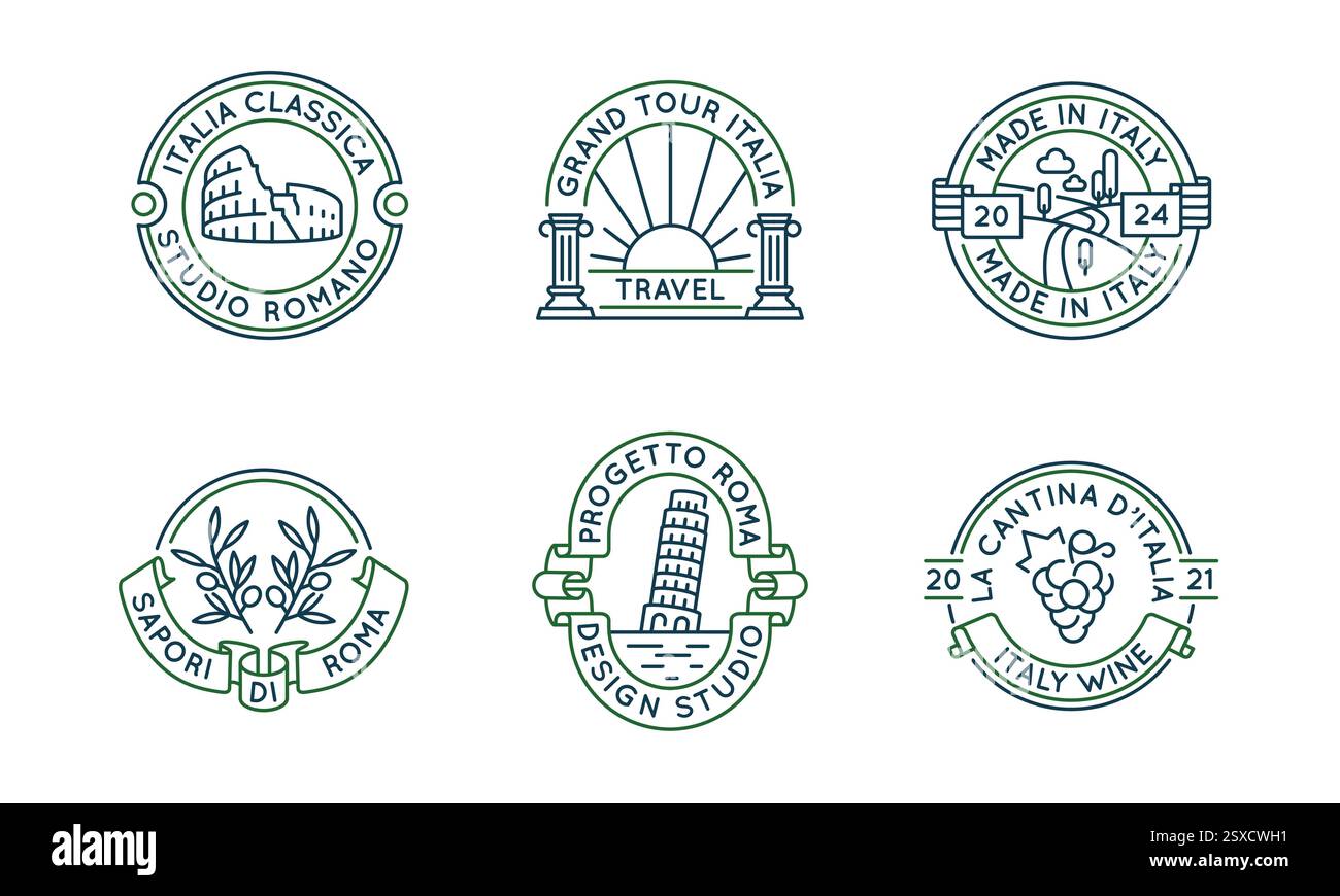 Ensemble de 6 icônes de la cuisine italienne et de la culture logo Illustration de Vecteur