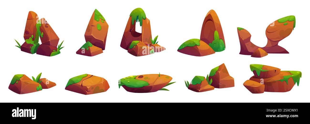 Collection de rock de dessin animé avec des taches de mousse verte, des pousses d'herbe et des fleurs jaunes pour la conception de paysage de jeu. Ensemble de formation de pierre brune naturelle pour la création de paysages de terrains humides environnementaux. Illustration de Vecteur