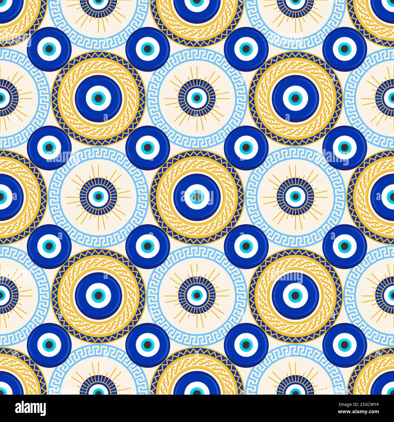 Motif mauvais oeil sans couture. Perle bleue turque avec méandre. Fond magique de vecteur grec avec le symbole ethnique nazar de protection et de chance. Traditionnel Illustration de Vecteur