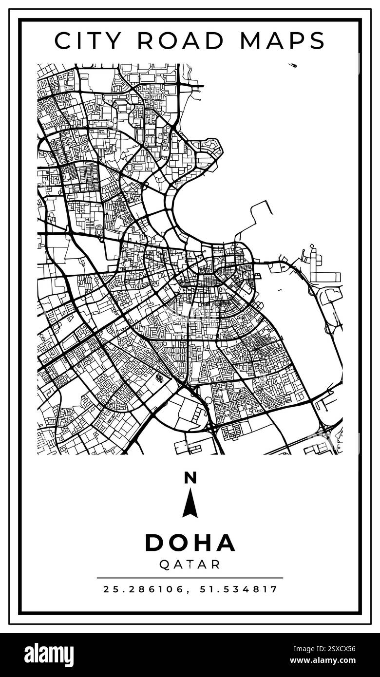Carte routière imprimable en noir et blanc de Doha City Qatar conception d'affiche de bannière avec emplacement de position de coordonnées, illustration vectorielle Illustration de Vecteur