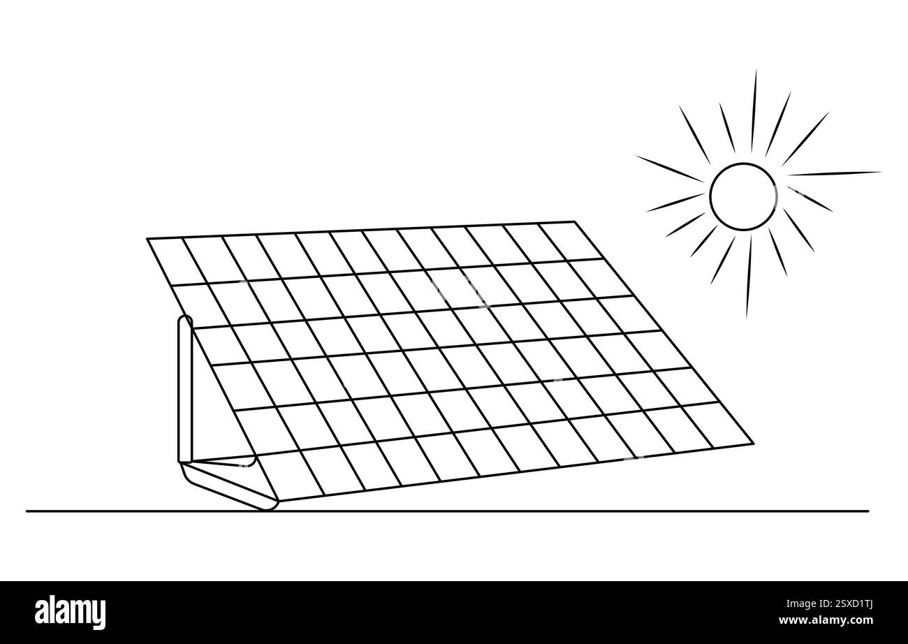 Un dessin au trait continu de panneau solaire avec soleil Illustration de Vecteur