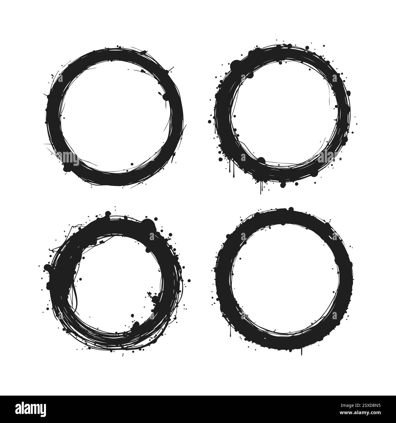 Cadres circulaires grunge noirs avec bords rugueux et éclaboussures Illustration de Vecteur
