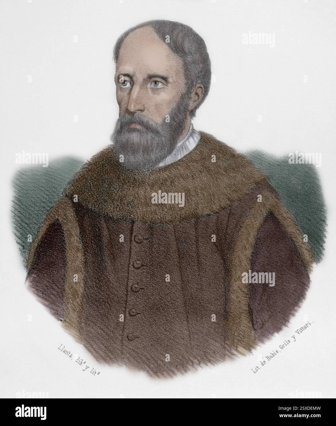 Luis de la Cueva y Toledo (v. 1499-1541). Noble espagnol et militaire. Il participe à la bataille de Villalar (1521) contre les Comuneros, aux guerres de Hongrie et au siège de Vienne (1529) contre les Ottomans. Portrait. Dessin de Llanta. Lithographie. Coloration ultérieure. «Cronica General de España, Historia Ilustrada y Descriptiva de sus Provincias. Andalucia', 1869. Banque D'Images