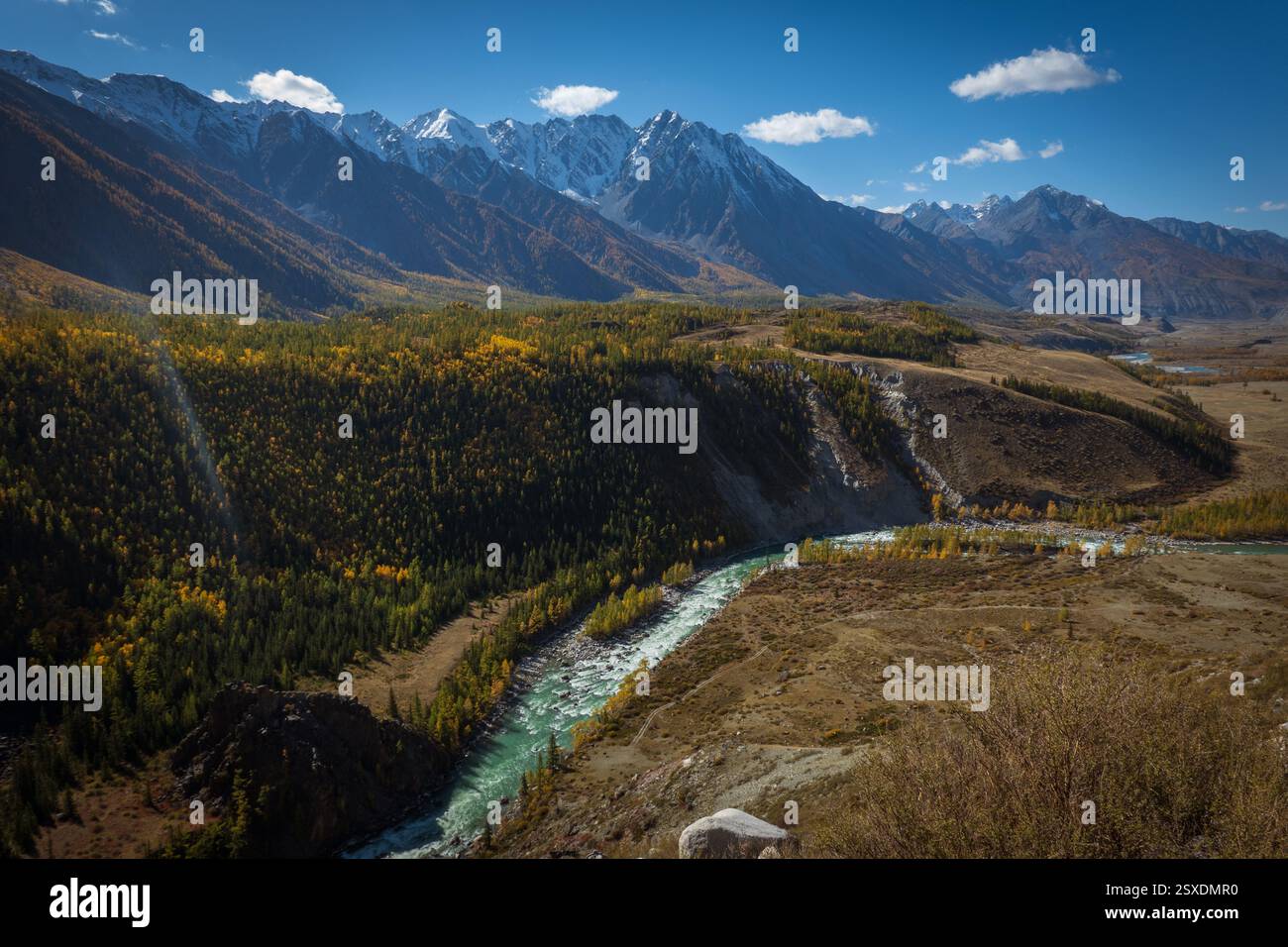 Une superbe rivière de montagne coule à travers une forêt, entourée de sommets enneigés et de vallées Banque D'Images