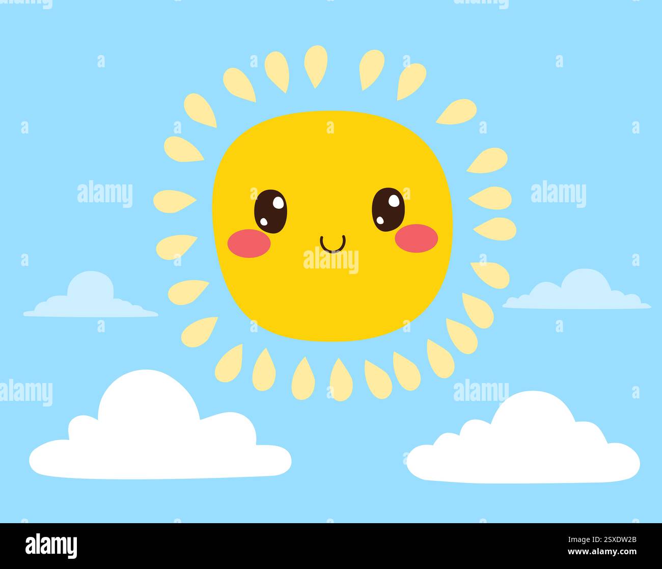 Une illustration de dessin animé montrant le personnage mignon du soleil avec des nuages sur fond de ciel bleu Banque D'Images