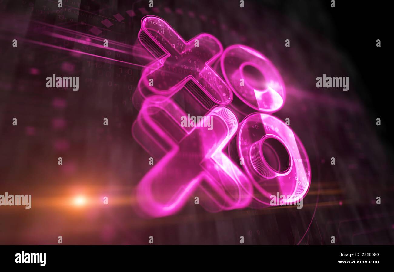 Concept numérique XOXO symbole d'amour et de baiser. Réseau, signe de cybertechnologie et icône abstraite de fond d'ordinateur illustration 3D. Banque D'Images