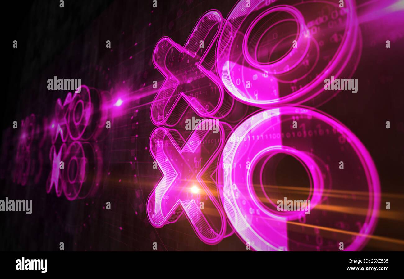 Concept numérique XOXO symbole d'amour et de baiser. Réseau, signe de cybertechnologie et icône abstraite de fond d'ordinateur illustration 3D. Banque D'Images