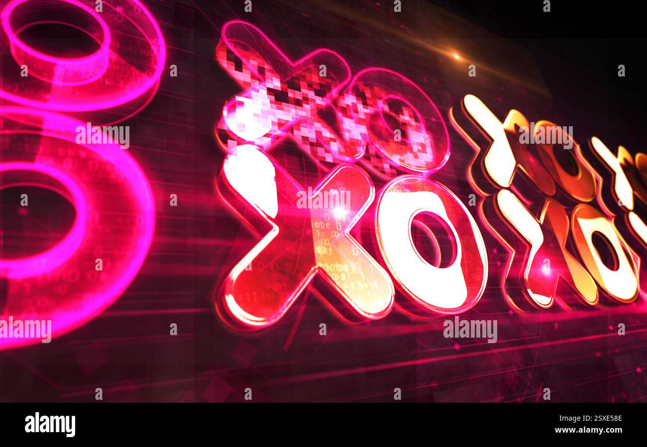 Concept numérique XOXO symbole d'amour et de baiser. Réseau, signe de cybertechnologie et icône abstraite de fond d'ordinateur illustration 3D. Banque D'Images