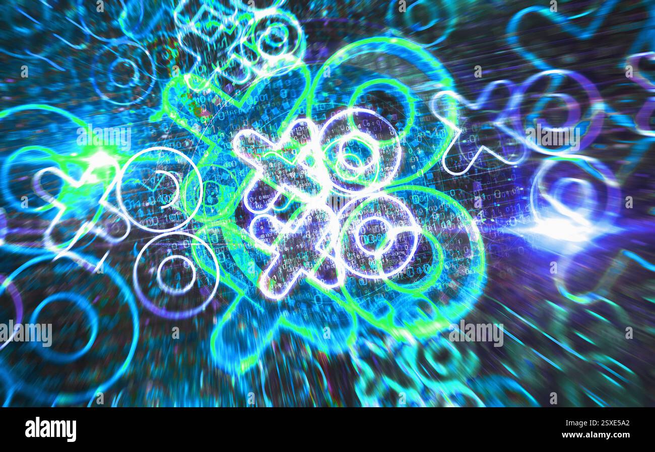 Concept numérique XOXO symbole d'amour et de baiser. Réseau, signe de cybertechnologie et icône abstraite de fond d'ordinateur illustration 3D. Banque D'Images