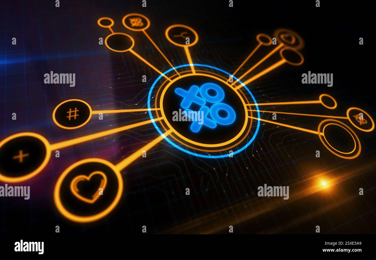 Concept numérique XOXO symbole d'amour et de baiser. Réseau, signe de cybertechnologie et icône abstraite de fond d'ordinateur illustration 3D. Banque D'Images