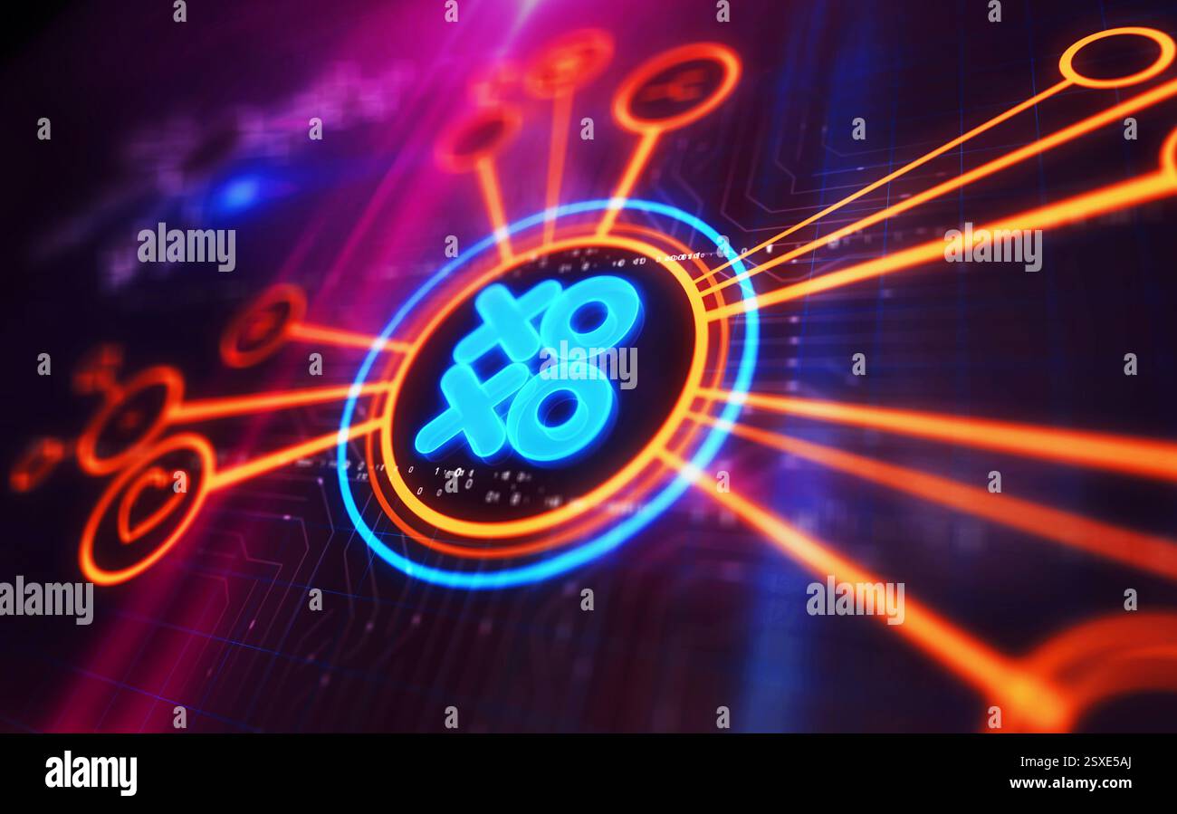 Concept numérique XOXO symbole d'amour et de baiser. Réseau, signe de cybertechnologie et icône abstraite de fond d'ordinateur illustration 3D. Banque D'Images
