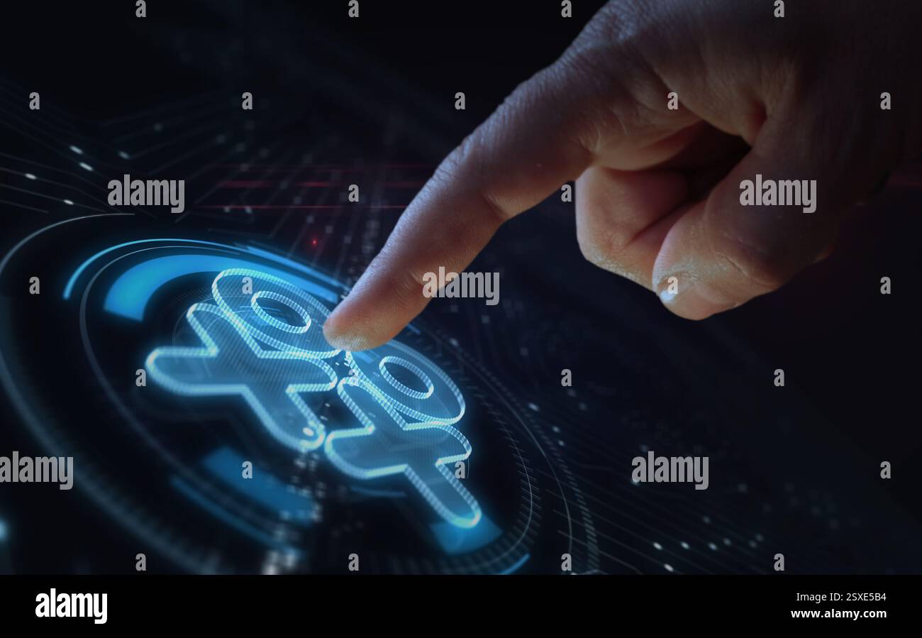 XOXO amour et baiser symbole numérique abstrait 3d concept. Écran tactile. cybertechnologie et contexte de réseau. L'homme pousse l'écran de l'ordinateur. Banque D'Images