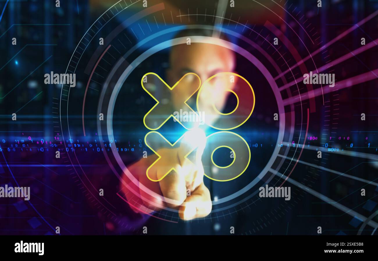 XOXO amour et baiser symbole numérique abstrait 3d concept. Écran tactile. cybertechnologie et contexte de réseau. L'homme pousse l'écran de l'ordinateur. Banque D'Images