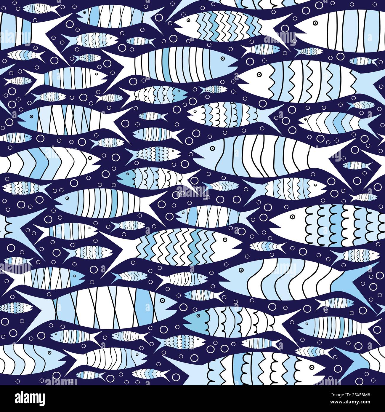 Motif sans couture dessiné à la main avec du poisson stylisé bleu Illustration de Vecteur