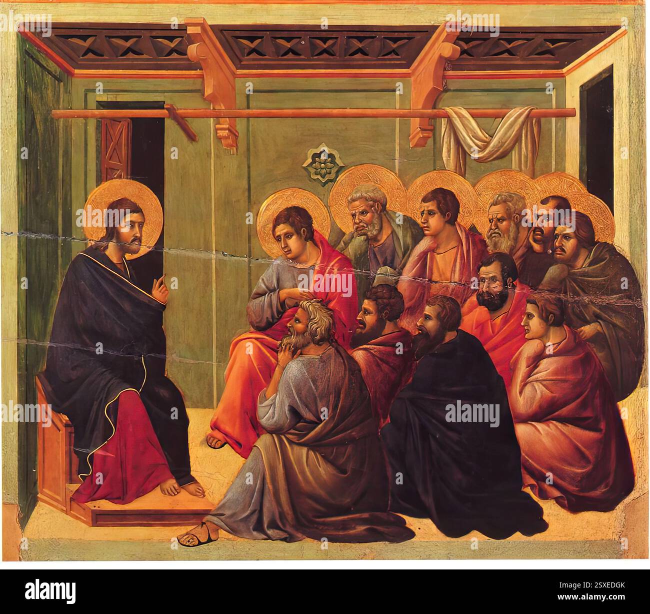 DUCCIO di Buoninsegna (né vers 1255, Sienne, d. 1319, Sienne) Christ prenant congé des Apôtres 1308-11 Tempera sur bois, 50 x 53 cm Museo dell'Opera del Duomo, Sienne après l'histoire de Jean encore, les scènes se succèdent de bas en haut bien que se produisant simultanément. Pendant que Jésus donne le nouveau commandement aux apôtres (onze maintenant) , Judas le trahit pour trente pièces d'argent. En Christ prenant congé des Apôtres, sa position latérale, montrée par la porte à moitié ouverte, est en contraste avec le groupe fermé de disciples. Ils tournent tous de la même façon que moi Banque D'Images DUCCIO di Buoninsegna (né vers 1255, Sienne, d. 1319, Sienne) Christ prenant congé des Apôtres 1308-11 Tempera sur bois, 50 x 53 cm Museo dell'Opera del Duomo, Sienne après l'histoire de Jean encore, les scènes se succèdent de bas en haut bien que se produisant simultanément. Pendant que Jésus donne le nouveau commandement aux apôtres (onze maintenant) , Judas le trahit pour trente pièces d'argent. En Christ prenant congé des Apôtres, sa position latérale, montrée par la porte à moitié ouverte, est en contraste avec le groupe fermé de disciples. Ils tournent tous de la même façon que moi Banque D'Images