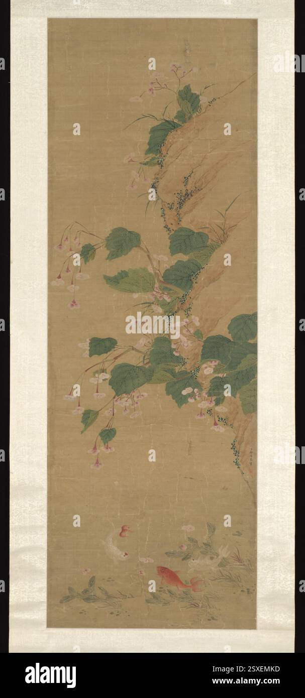 Branches fleuries peinture par Yu Xing de la période Qianlong de la dynastie Qing (1736-95). Créé à l'aide d'encre et de couleur sur soie, ce rouleau suspendu met en valeur les fleurs délicates typiques de l'art chinois de cette époque. Banque D'Images