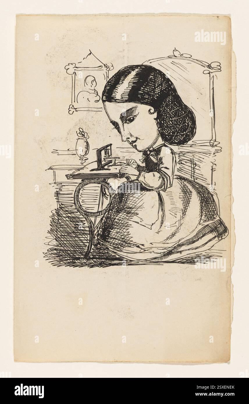 Illustration comique de la saint-valentin datant d'environ 1860, représentant une machine à coudre. L'œuvre est créée à l'encre noire et met en valeur l'humour victorien dans sa représentation. Banque D'Images