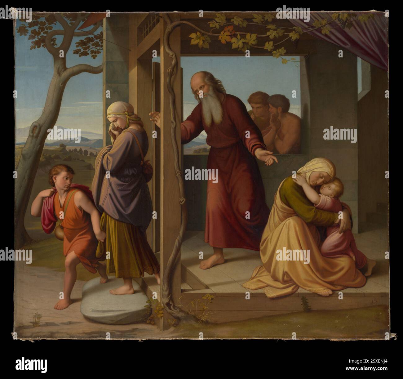 'Le bannissement d'Agar', peint par Johann Friedrich Overbeck entre 1839 et 41, dépeint l'histoire biblique de l'exil d'Agar. Overbeck, un leader du mouvement Nazaréen, a utilisé des couleurs vives et des contrastes nets pour souligner la gravité émotionnelle de la scène. Banque D'Images