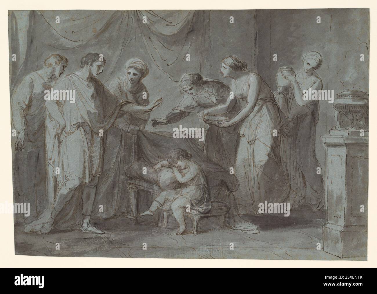 Un dessin de l'artiste suisse Angelica Kauffmann, illustrant Servius Tullius, futur roi de Rome, alors qu'il dormait dans l'appartement du roi Tarquinius Priscus. Cette œuvre, créée vers 1785, est liée à une peinture à l'huile réalisée par Kauffmann pour Catherine la Grande, et reflète l'histoire romaine classique. Banque D'Images