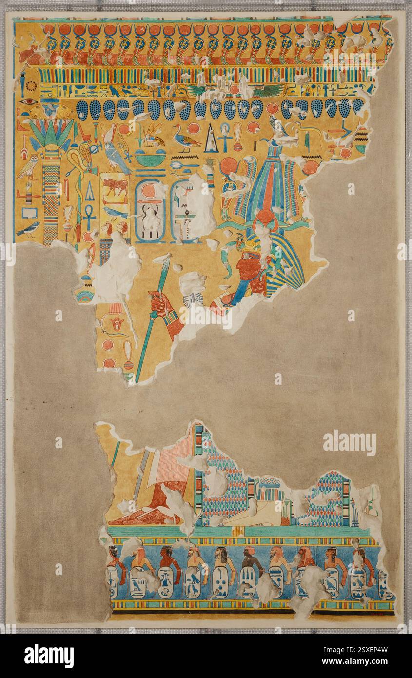 Reproduction du XXe siècle d'une scène égyptienne antique représentant Amenhotep II avec la déesse Maat, recevant des cadeaux du nouvel an. L'original date d'environ 1427–1400 av. J.-C., du nouvel Empire. Banque D'Images